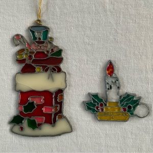2 VTG Stained Glass Ornaments Sun Catchers -Bag of Toys in Chimney by Kurt Adler